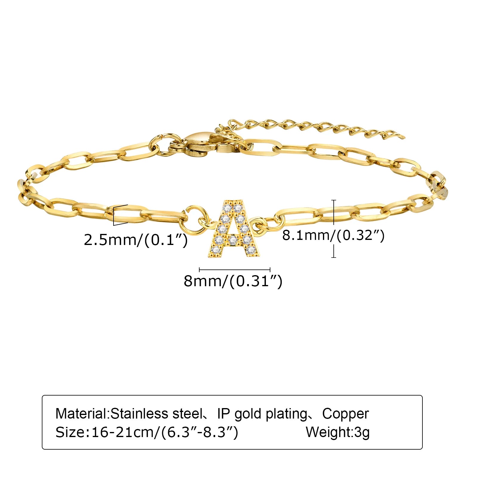 Fashion Jewelry CZ Stone Initial Bracelets for Women Girls, 26 Letters A-Z Adjustable Chic Dainty Stainless Steel Chain Bracelet