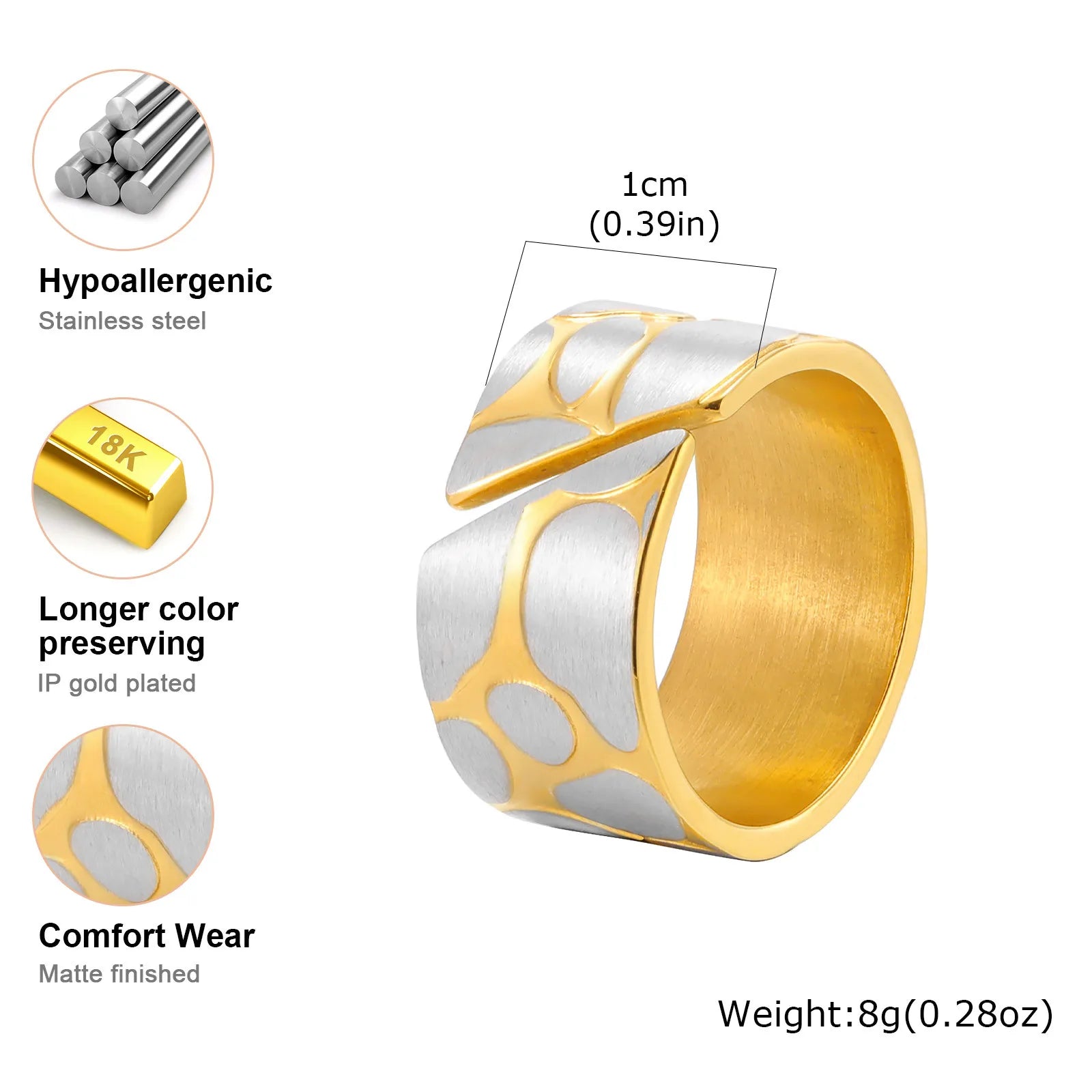 Stainless Steel Artistic Ring for Women, 18k Gold Plated Two-color Pebbles Open Wide Ring Non-fading Jewelry