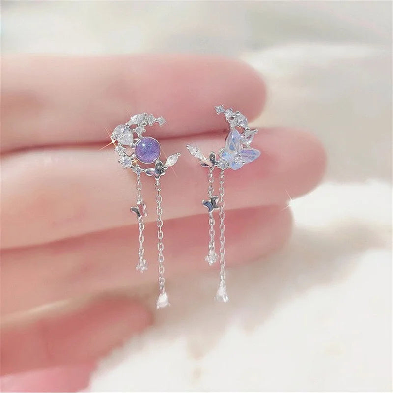 Delicate Zircon Moon Butterfly Tassel Stud Earrings For Women Korean New Exquisite Crystal Asymmetric Earring Girl Party Jewelry