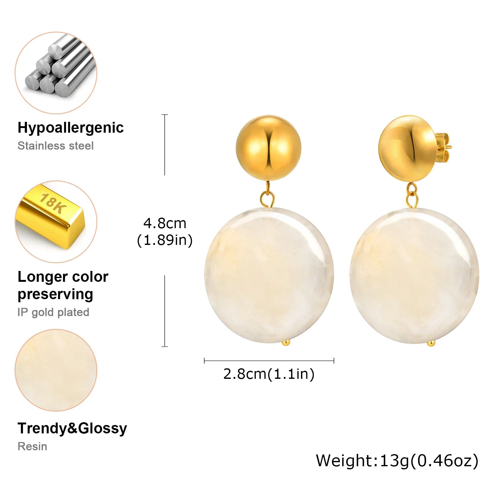 Minimalist Two-tone Geometric Drop Earrings: Gold Plated Half Pearl & Milky Resin Circle Dangle Earring for Women