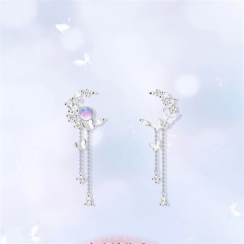 Delicate Zircon Moon Butterfly Tassel Stud Earrings For Women Korean New Exquisite Crystal Asymmetric Earring Girl Party Jewelry