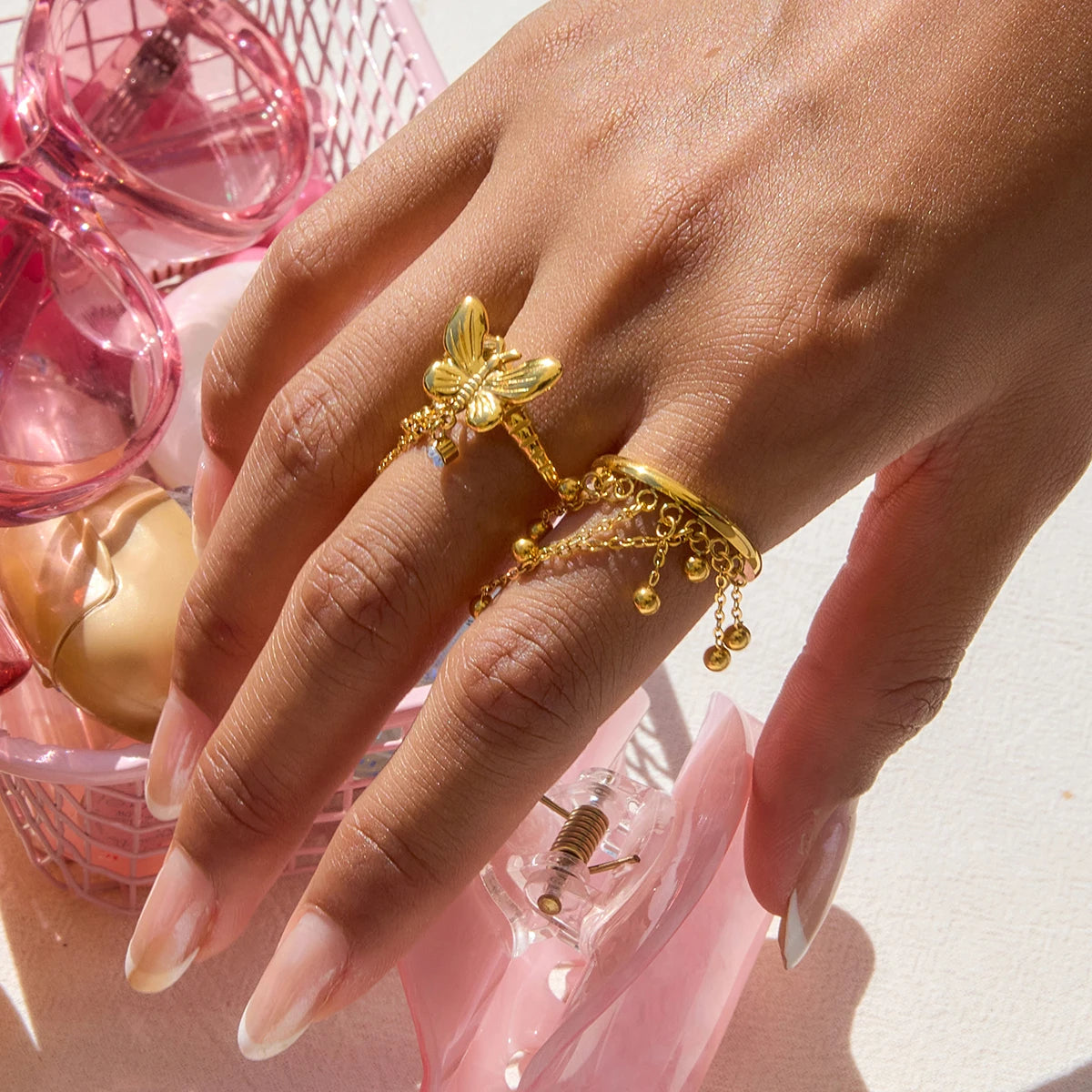 Uworld Fashion Trend 18K Gold Color Plated Stainless Steel Two-Color Freshwater Pearl Zircon Tassel Ring Stacked Flower Rings Fo