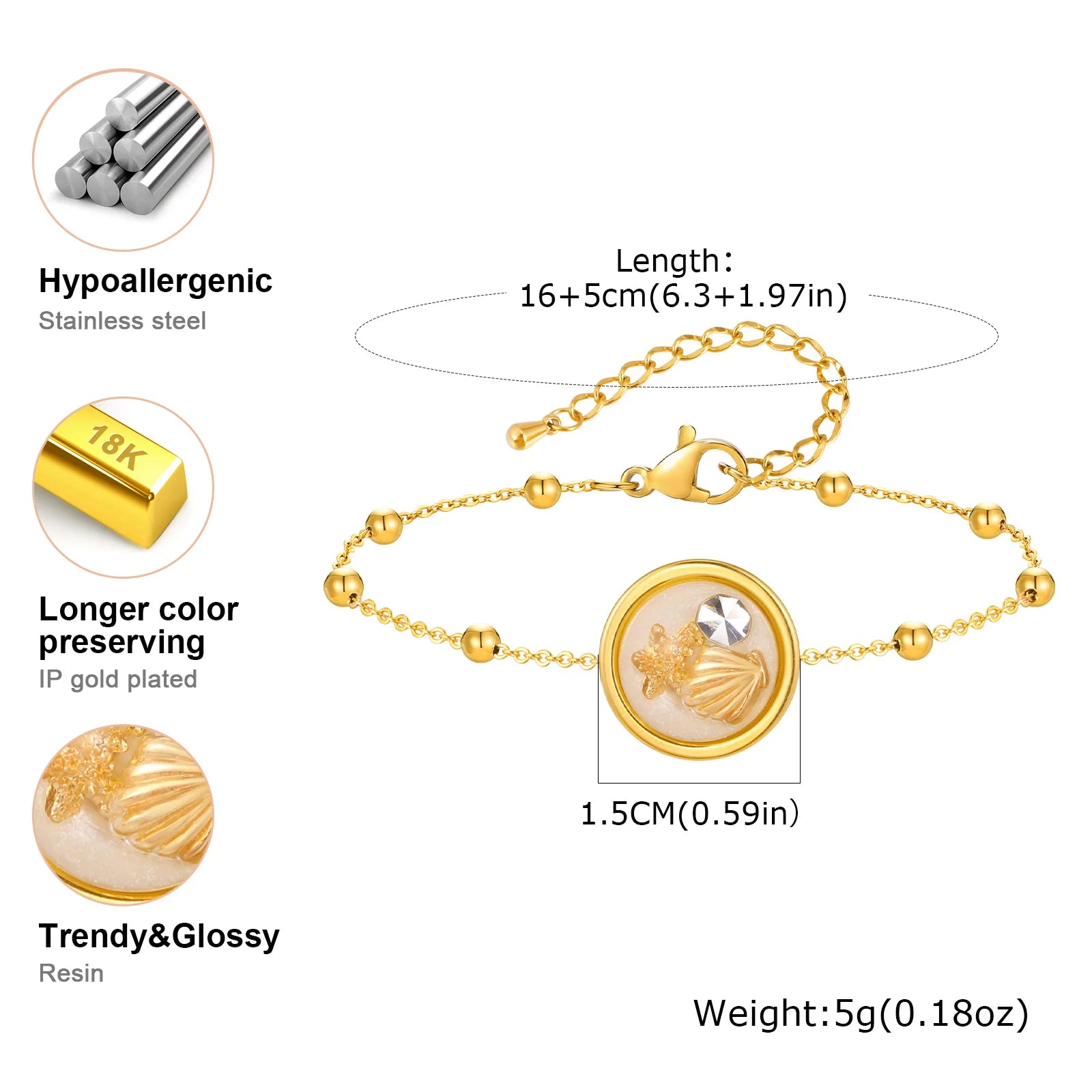 Elegant Zircon Shell Bracelet for Women Girls,Stainless Steel Bead Chain Bracelets,Set Charm Jewelry Party Gift