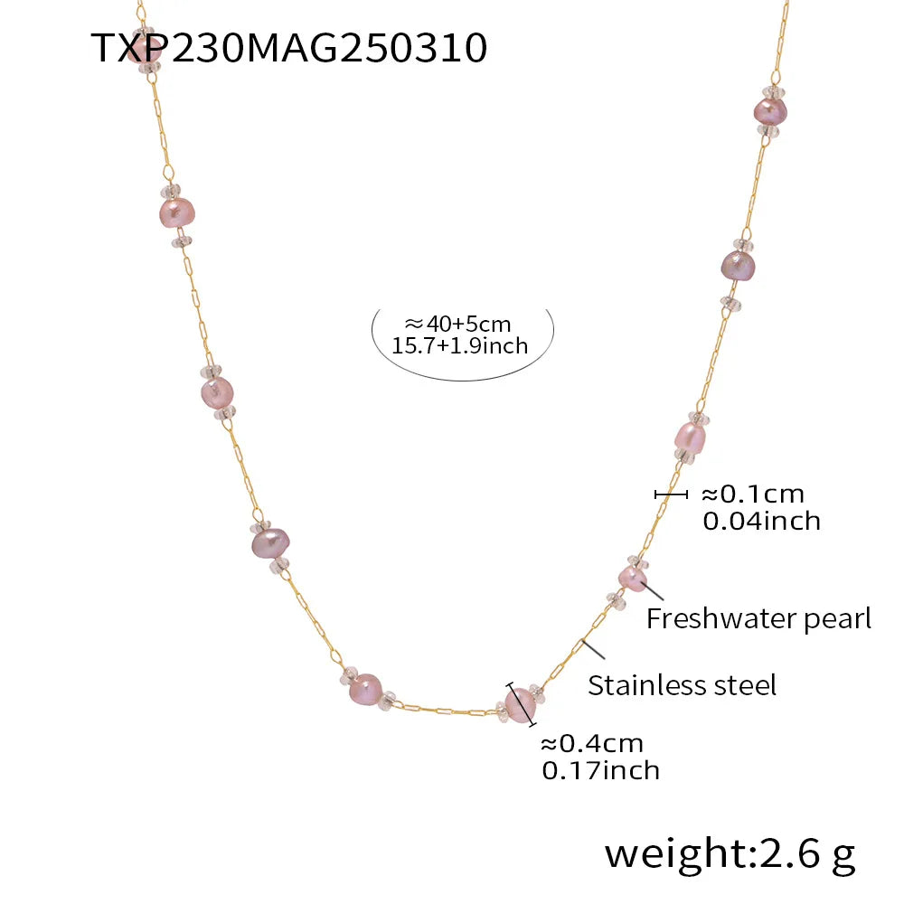 Nivora Exquisite Pink Freshwater Pearl Necklace Bracelets For Women Stainless Steel Beads Chain Charm Handmade Jewelry Set