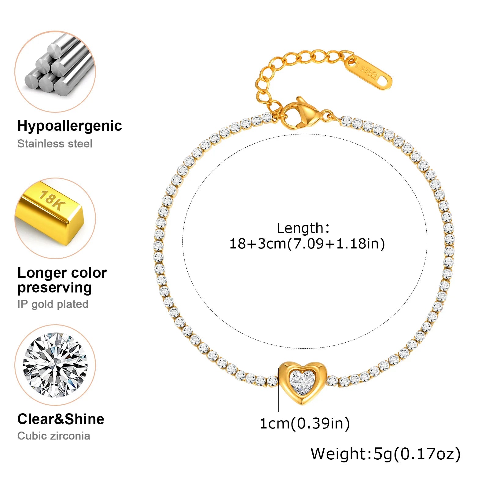 Womens Gold Plated Bracelets, Stack Layered Link Chain Heart Bracelets, Cubic Zirconia Bangle Openable Christmas Party Gift
