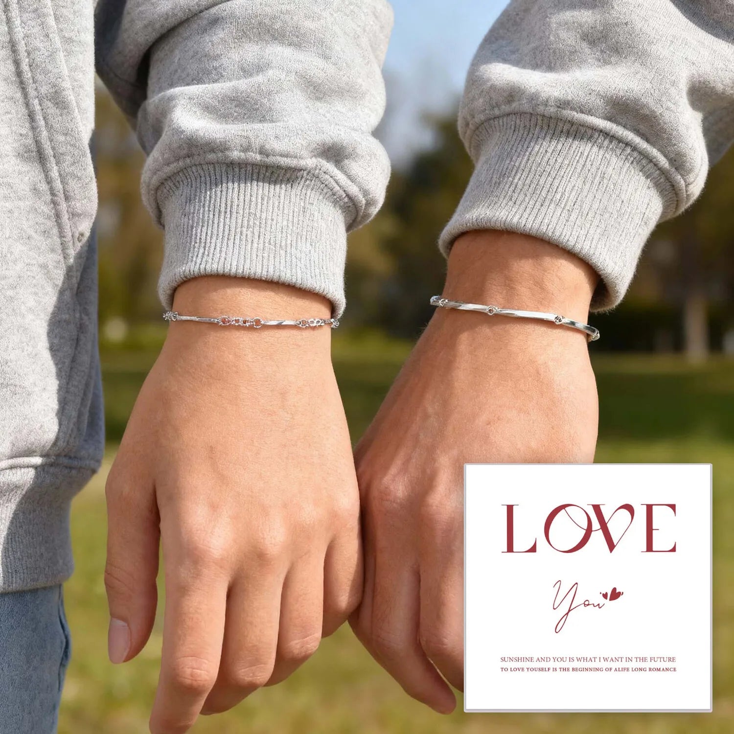 Couple Bracelet for Boyfriend Girlfriend, Metal Link Mobius Twist Love Chain, Anniversary Valentine's Day with Card Gift