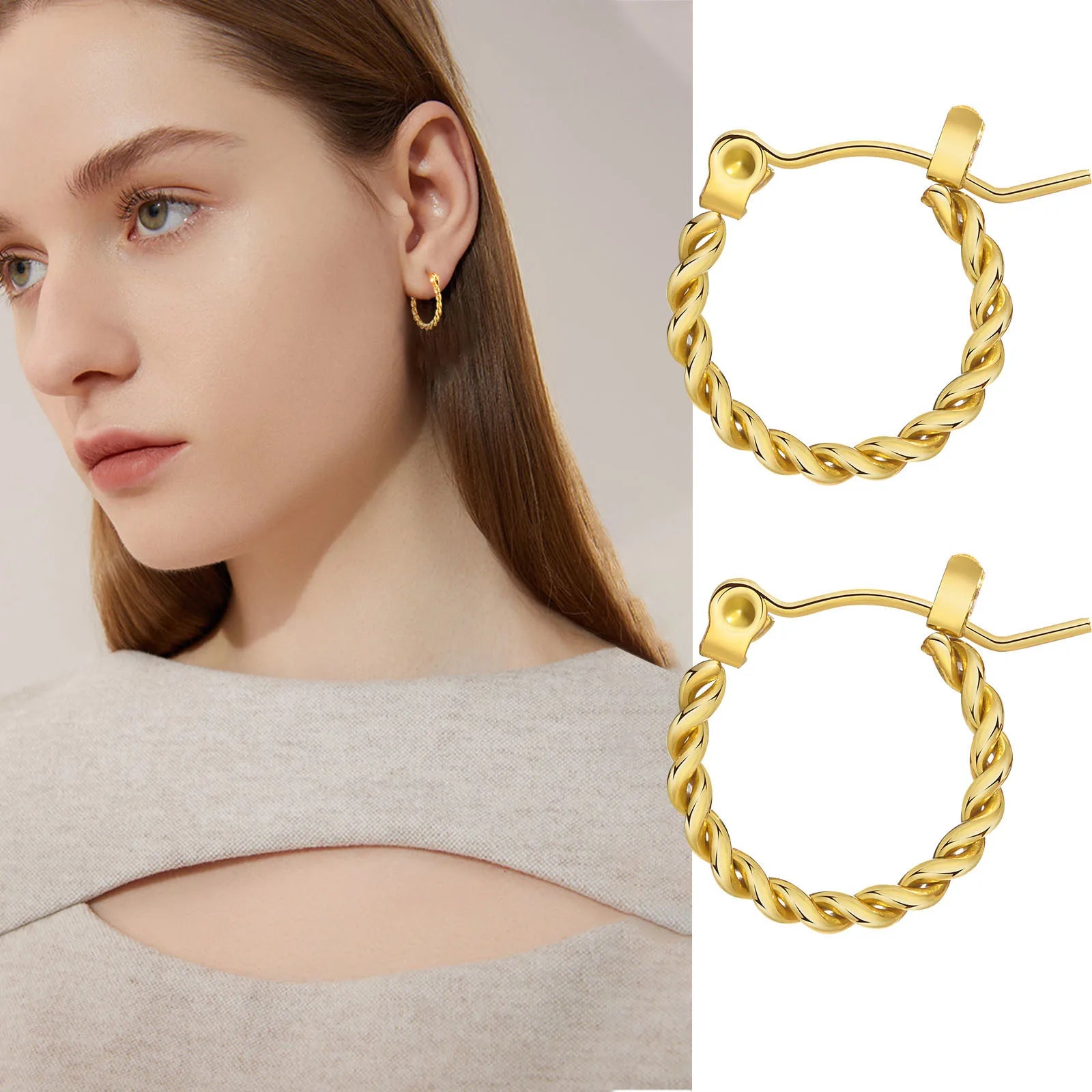 Chic Round Wire Twist Hoop Earrings, Gold Color Stainless Steel Minimalist Earring Girls Jewelry, Fashion Accessory Gift To Her