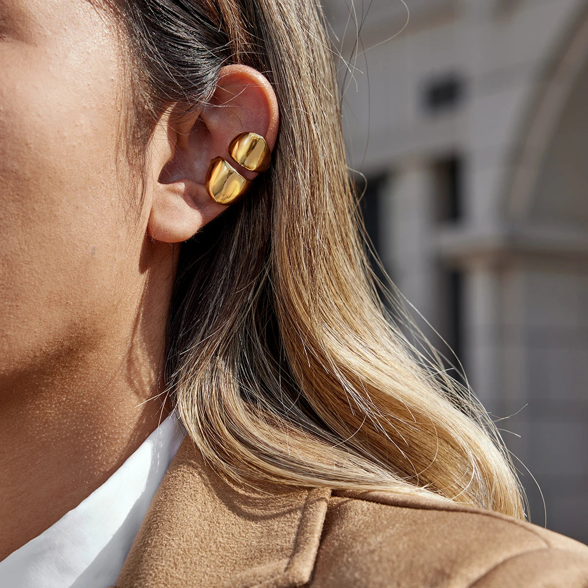 Uworld Classic 18K Plated Gold Color Wide-Faced Double-Layer Ear Clip Earrings Women Waterproof Stainless Steel Earring Jewelry