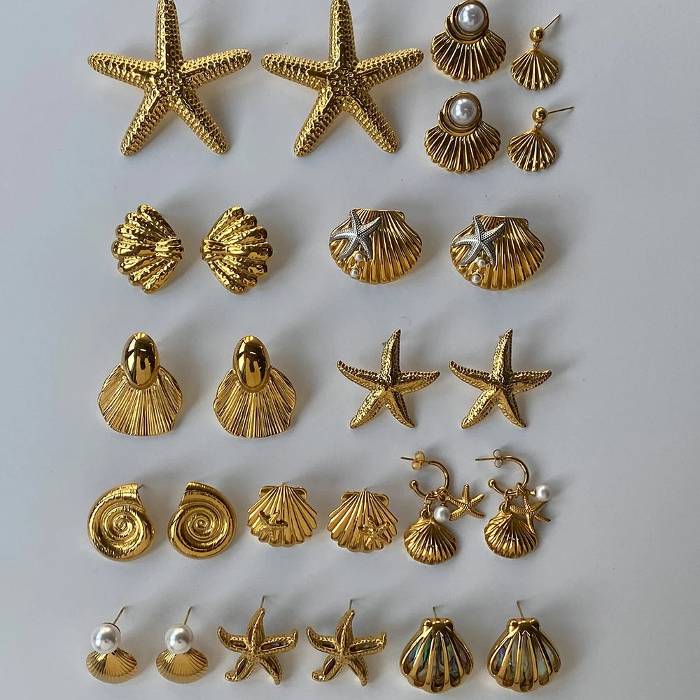 Uworld Ocean Vacation Style 18K Gold Color Plated Stainless Steel Waterproof Starfish Shell Ear Studs Pearl Conch Earrings Women