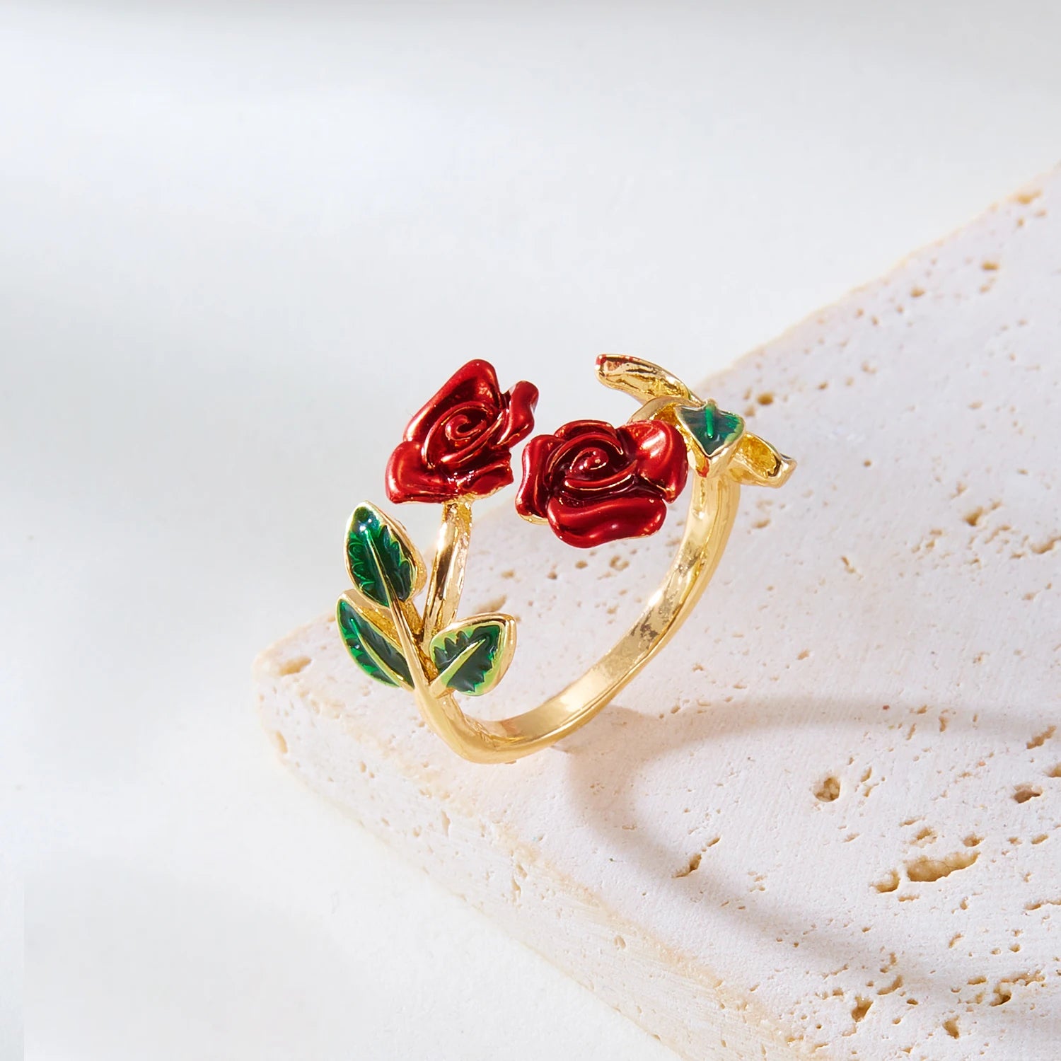 Retro Red Rose Flower Bracelet Ring Set For Women Vintage Drip Oil Open Adjustable Cuff Bangle Finger Ring Party Wedding Jewelry