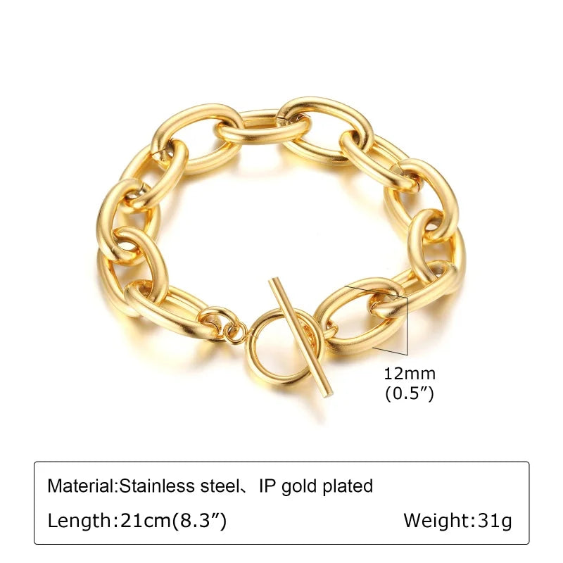 Women's Twisted Ring-connected Toggle-clasps Bracelet,Stainless Steel 18K Gold Plated Rolo Chain Bracelets,OT Lock Jewelry Gifts