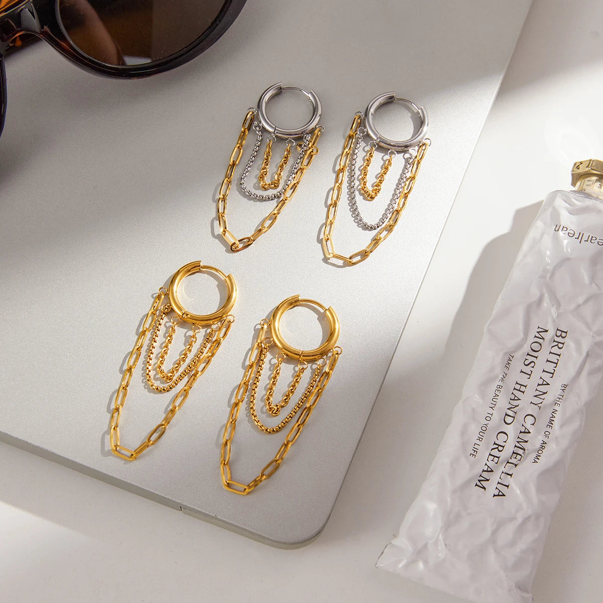 Uworld Minimalist Two tone Chain Tassel Earrings 18K PVD Stainless Steel Earrings Women's Jewelry Daily Wear