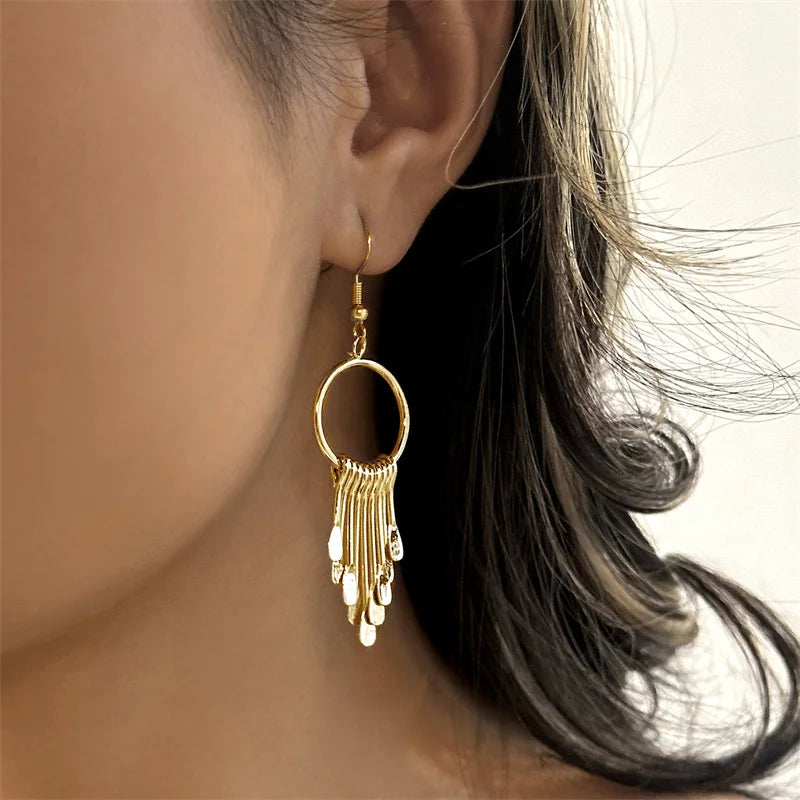 Luxury Gold Color Metal Tassel Dangle Earrings for Women Geometric Round Water Drop Long Fringe Drop Earring Bohemian Jewelry