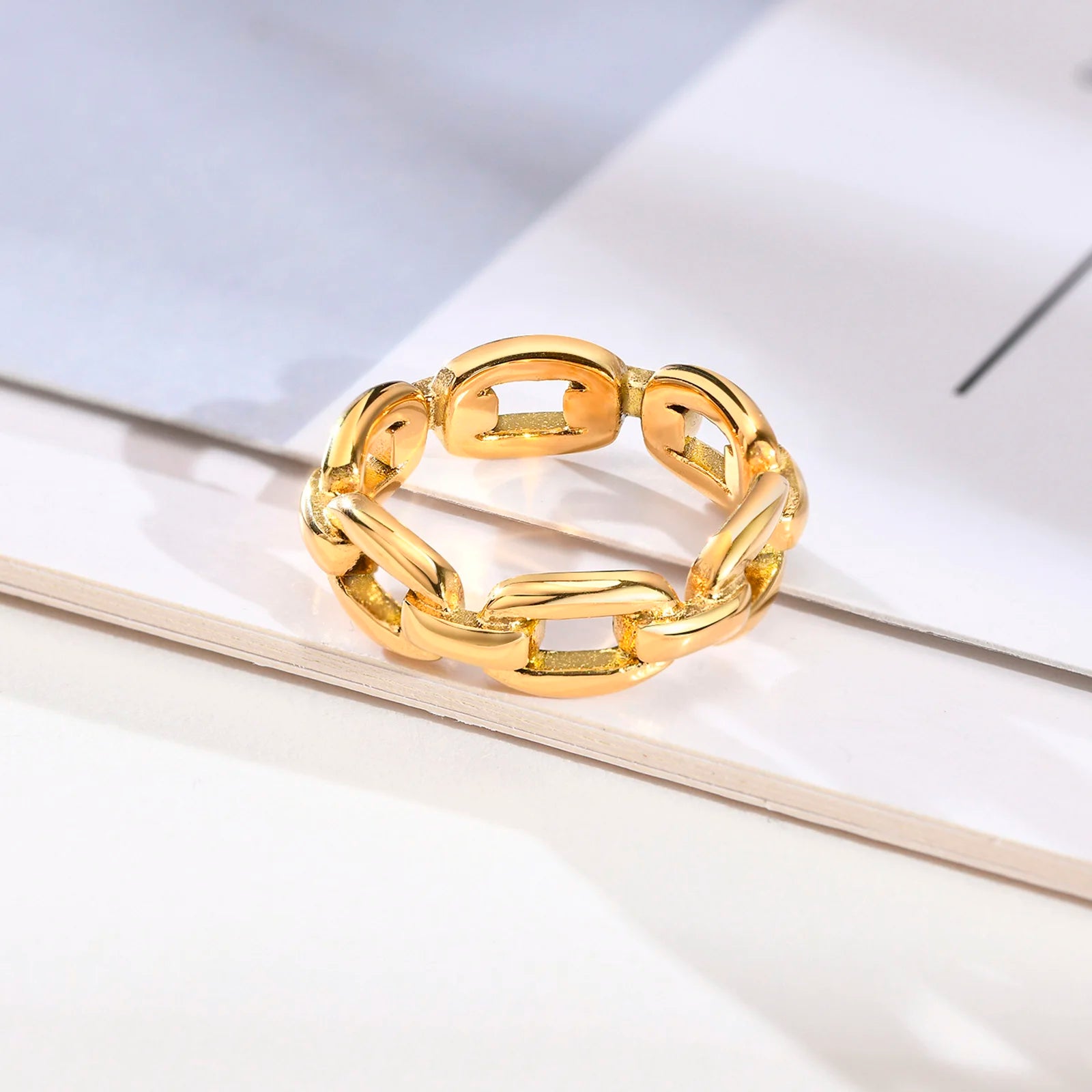 Thick Cable Chain Ring for Women , Stainless Steel Link Rings, Gold Color Stacking Statement Minimalist Jewelry