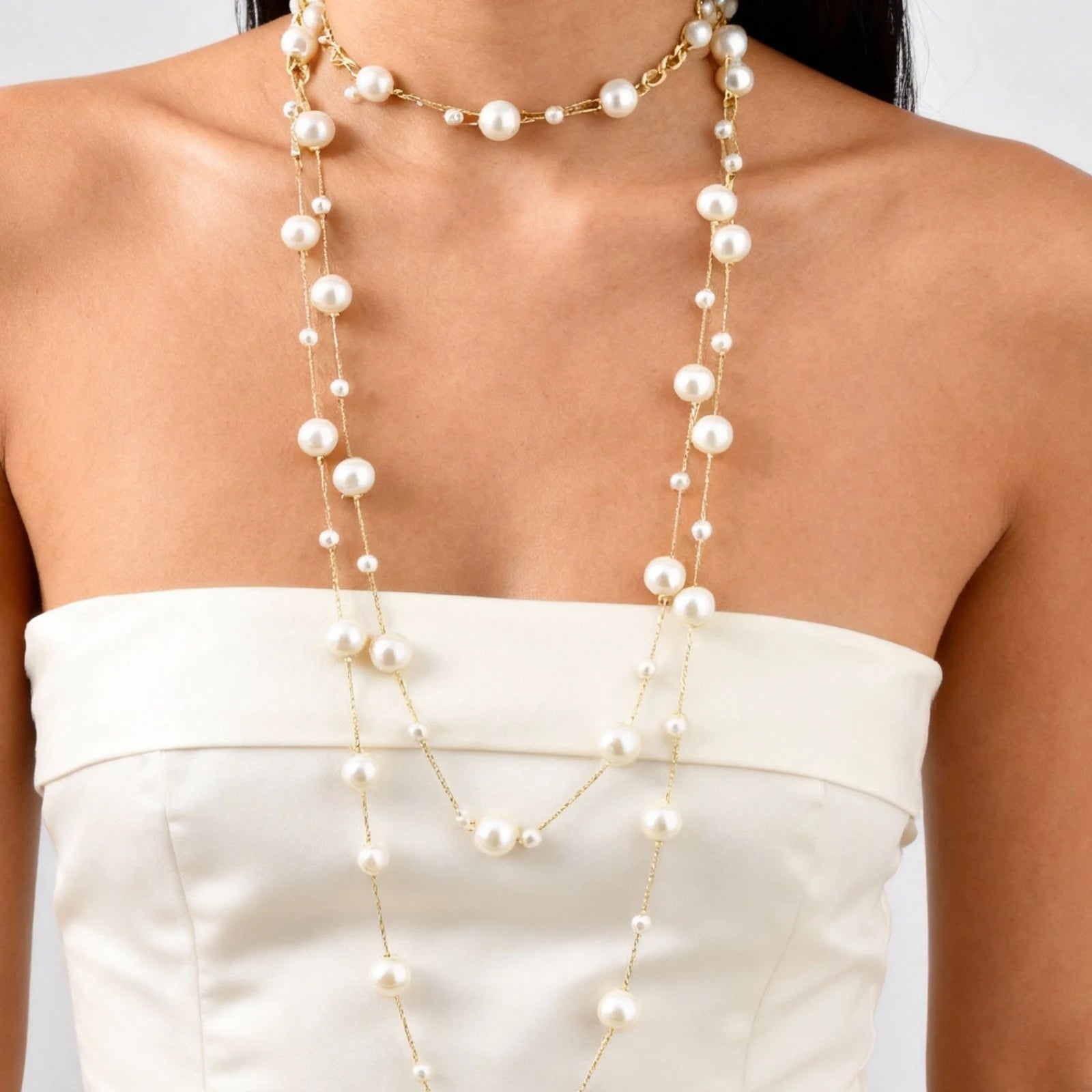 Pearl Layered Necklaces for Women, Fashion Long Imitation Pearls Beads Multiple Chain Choker Necklace, Wedding Party Jewelry
