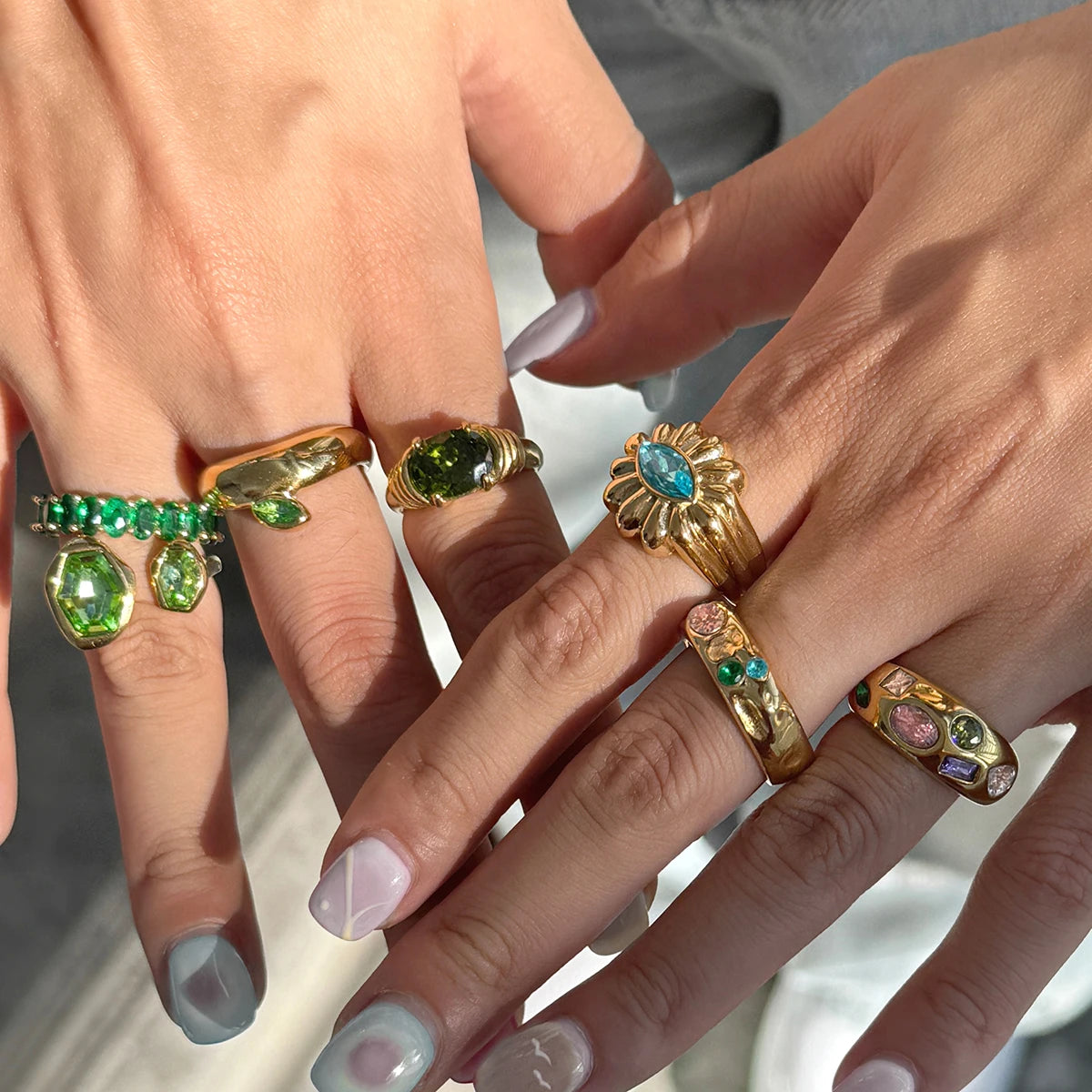 Uworld Fashion Y2k Blue Rhinestone Ring 18k Gold Color Plated Stainless Steel Stackable Asymmetric Ring Women's Jewelry Party Gi