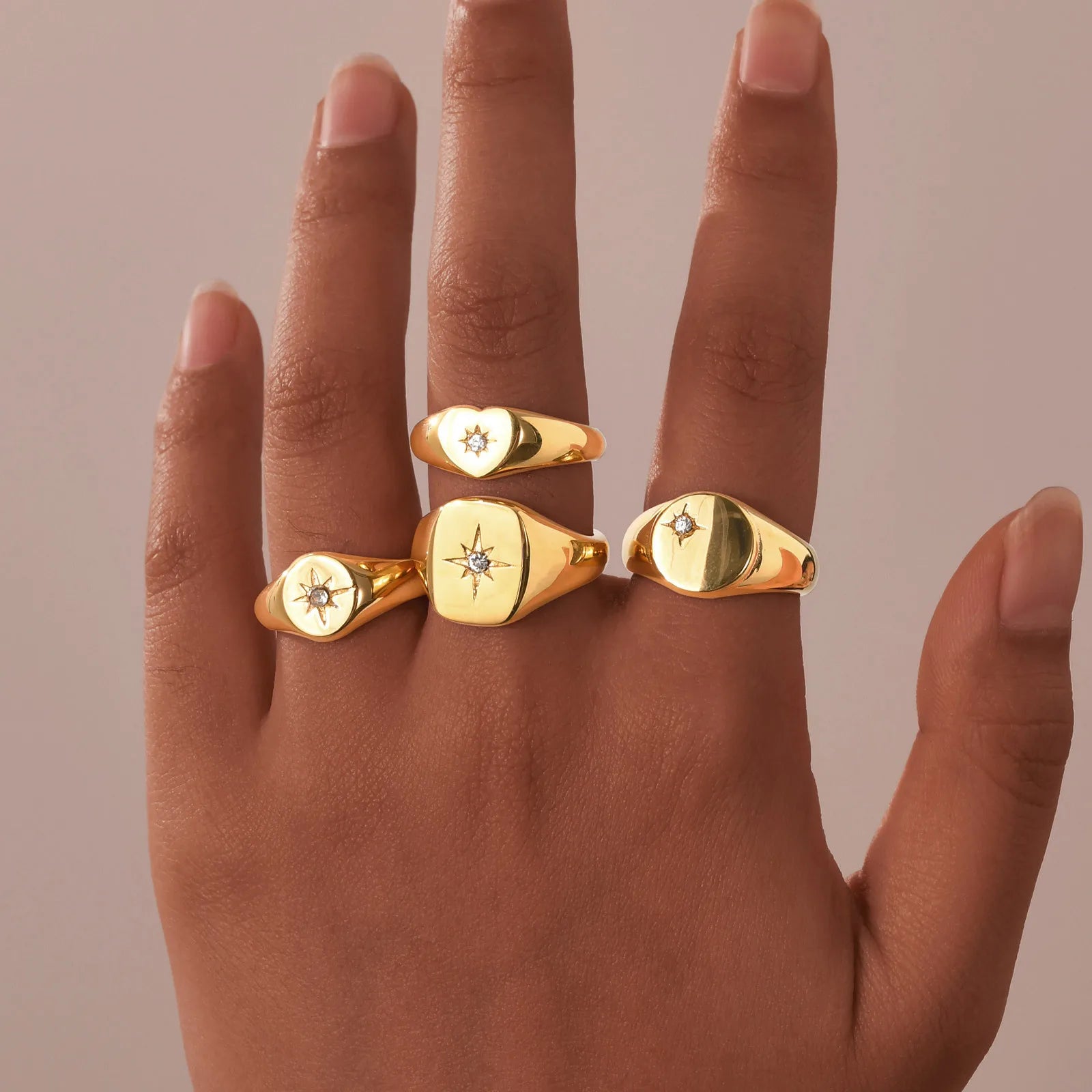 Stainless Steel Sunshine Signet Pinky Ring, Cubic Zirconia Inlay Ring Gold Plated, Non-Tarnish Fashion Jewelry