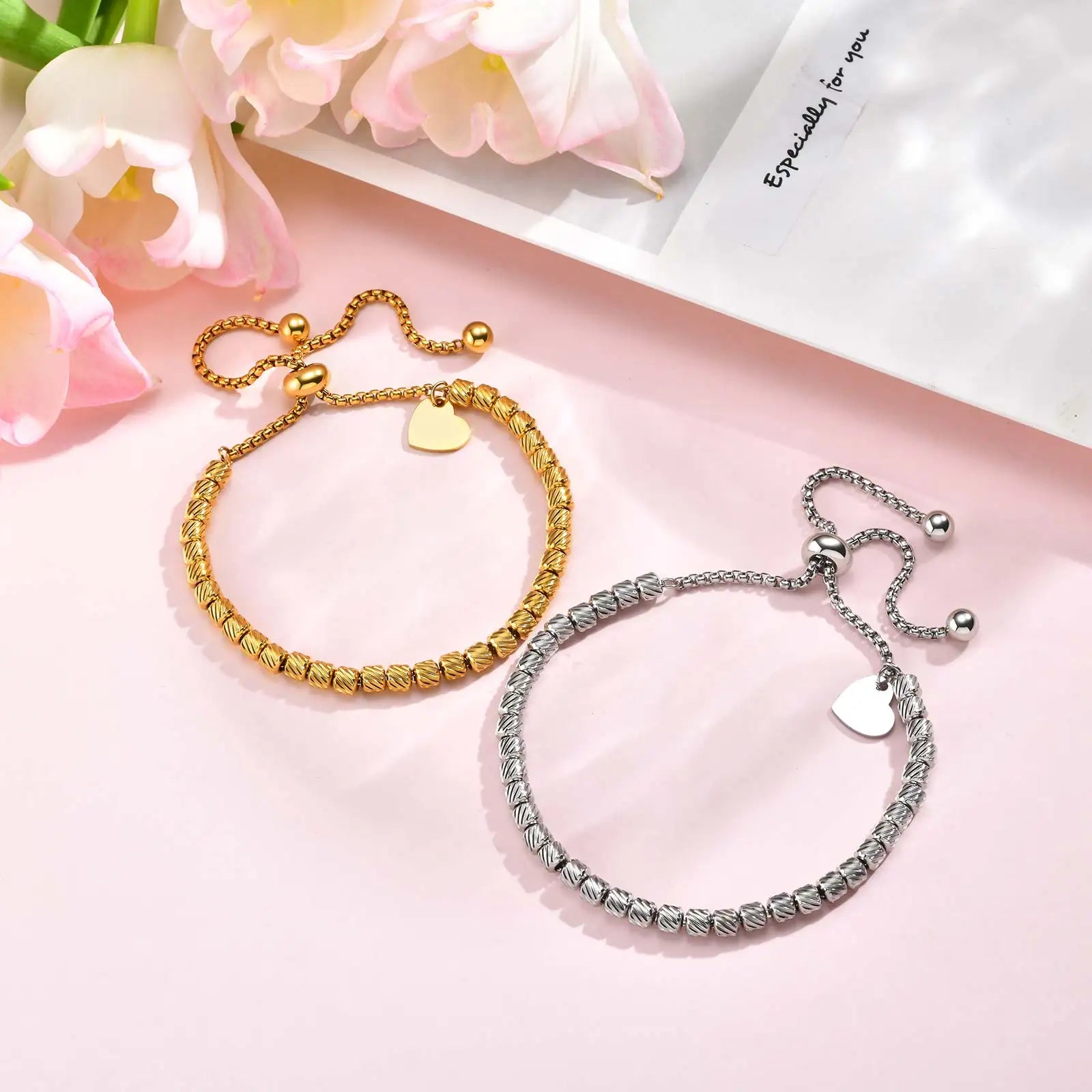 High Quality Beads Heart Charm Bracelets For Women Men Adjustable Stainless Steel Couple Jewelry Fashion Valentine's Day Gift