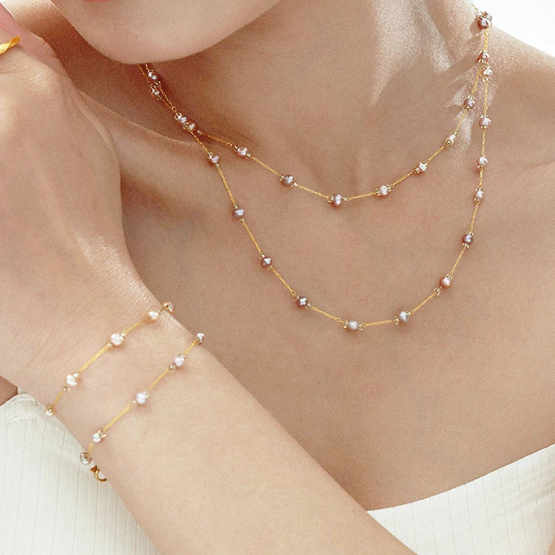 Nivora Exquisite Pink Freshwater Pearl Necklace Bracelets For Women Stainless Steel Beads Chain Charm Handmade Jewelry Set
