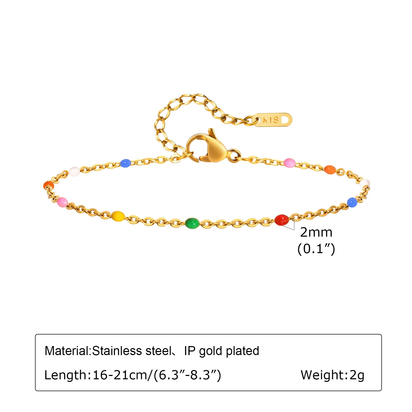 Stainless Steel Chain Bracelet for Women, Colorful Beads Summer 18k Gold Plated, Stainless Steel Waterproof Wrist Jewelry