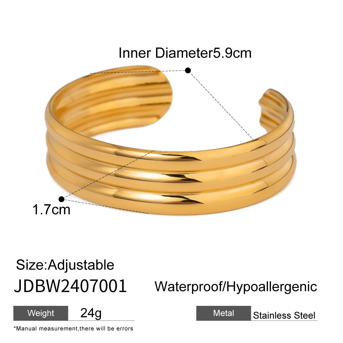 Uworld Minimalist 18K Gold Color Plated Stainless Steel Hammer Pattern Irregular Wide Face Bracelet Small Fish Line Multi Layer