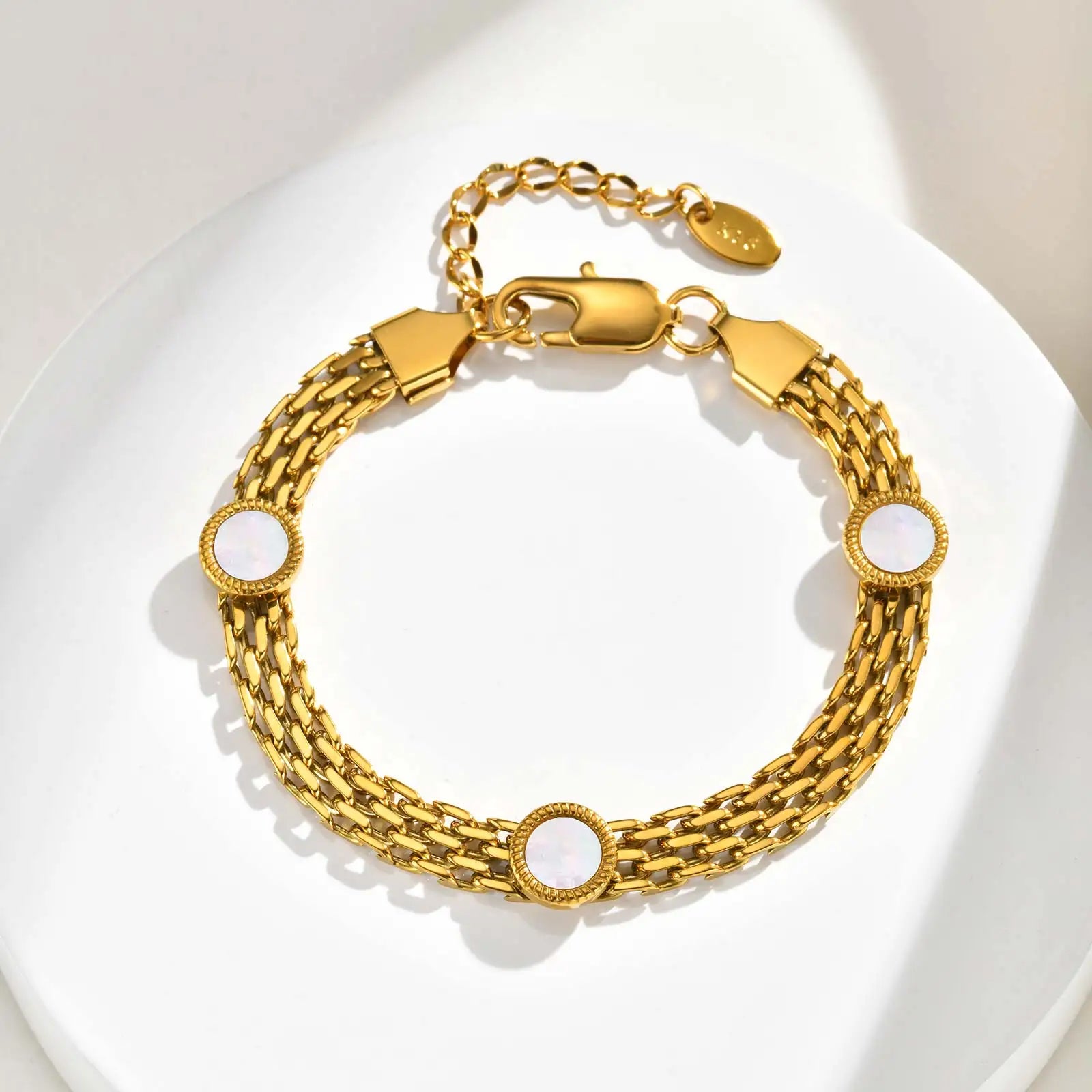 Chic Mesh Strap White Shell Bracelet,Gold Plated Stainless Steel Women's Bracelets,Fashion Waterproof Jewelry Gifts