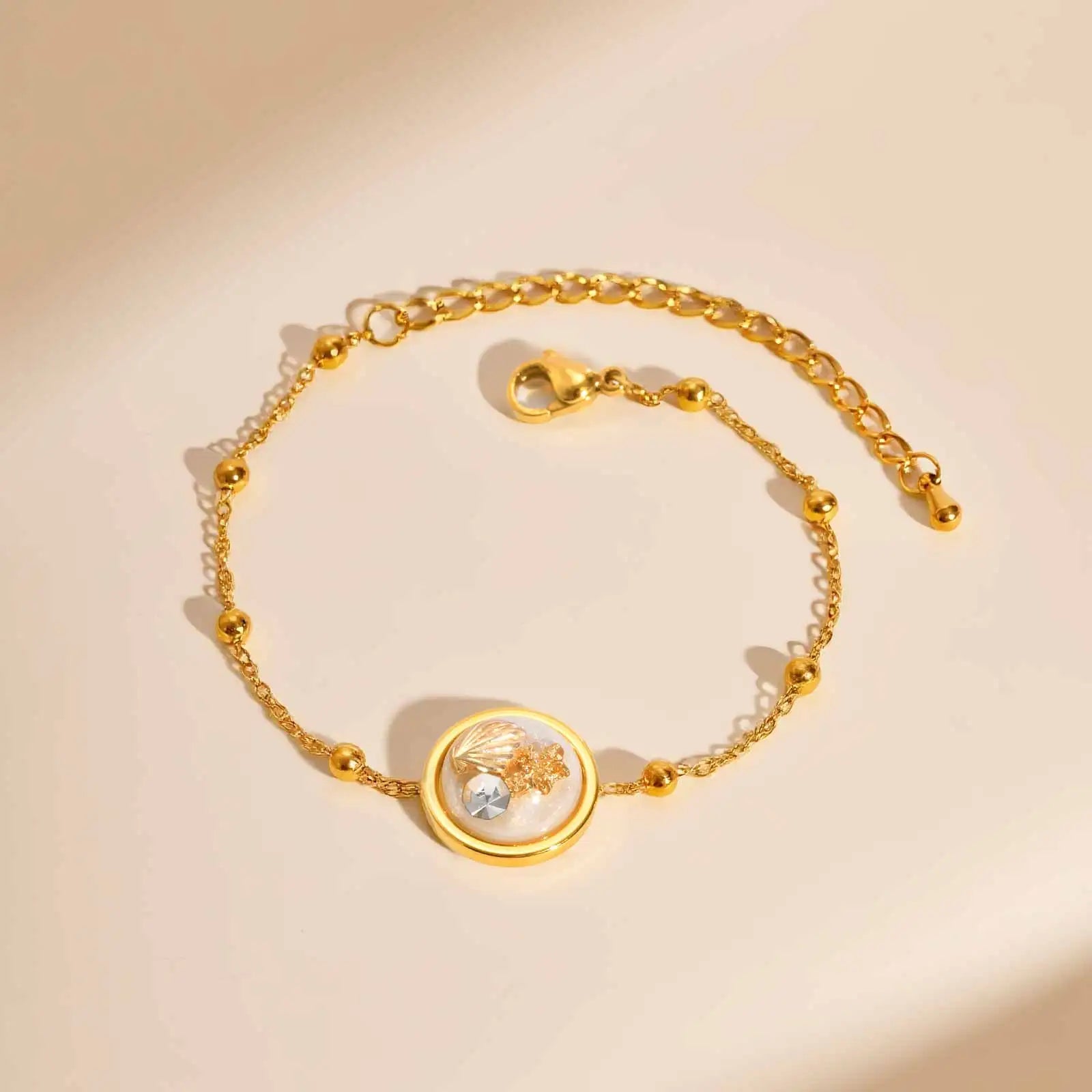 Elegant Zircon Shell Bracelet for Women Girls,Stainless Steel Bead Chain Bracelets,Set Charm Jewelry Party Gift