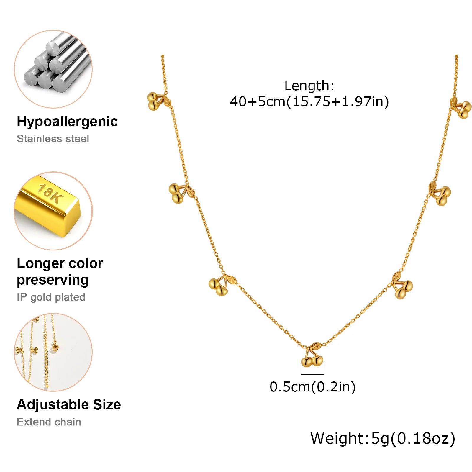 Fashion Cherry Necklace For Women, Stainless Steel 18k PVD Gold Plated , Waterproof Anniversary Valentine's Day Gift