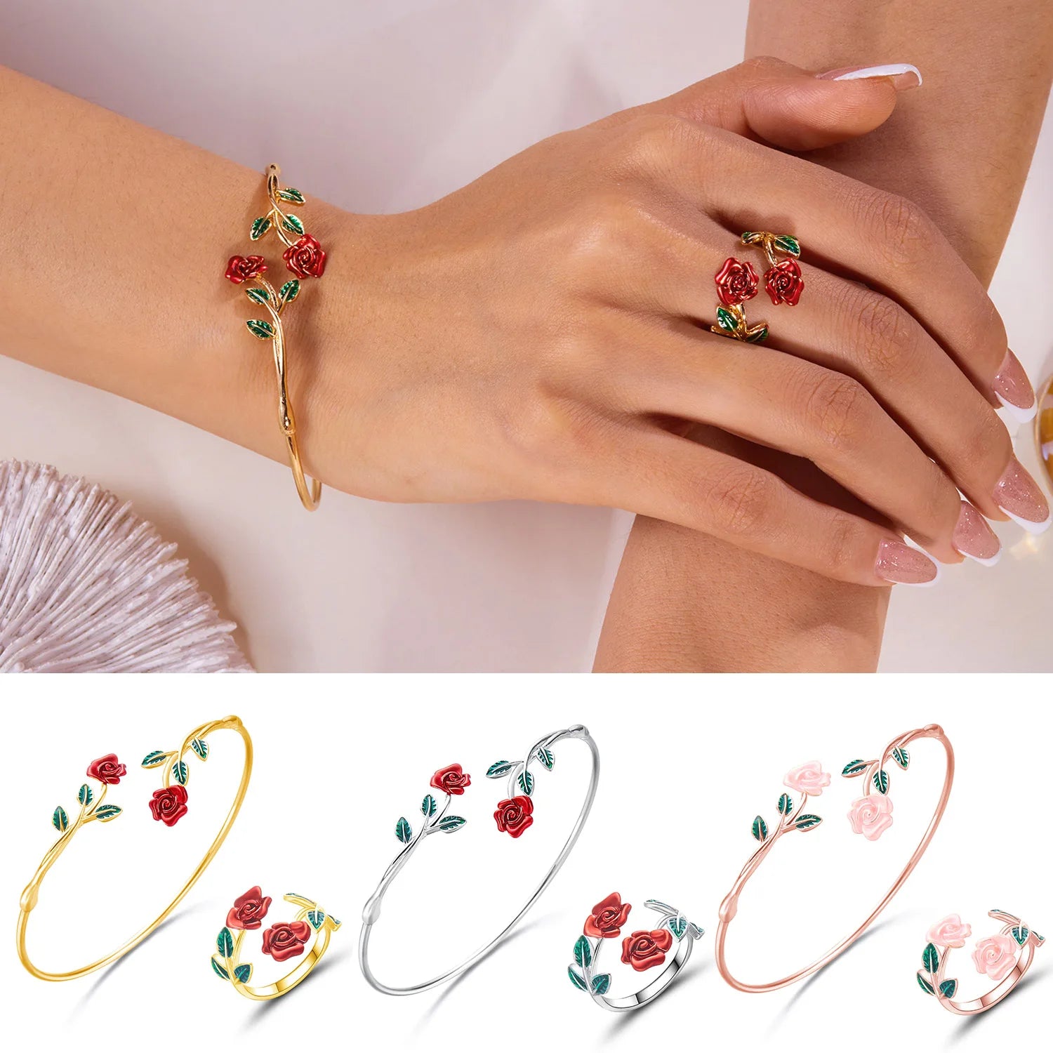 Retro Red Rose Flower Bracelet Ring Set For Women Vintage Drip Oil Open Adjustable Cuff Bangle Finger Ring Party Wedding Jewelry