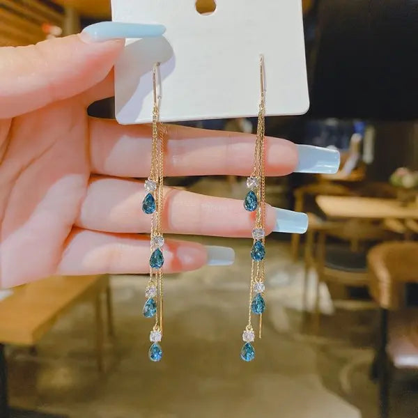 Korean New Blue Fishtail Long Ear Line Earring For Women Exquisite Imitation Pearl Tassel Zircon Leaf Earrings Party Jewelry