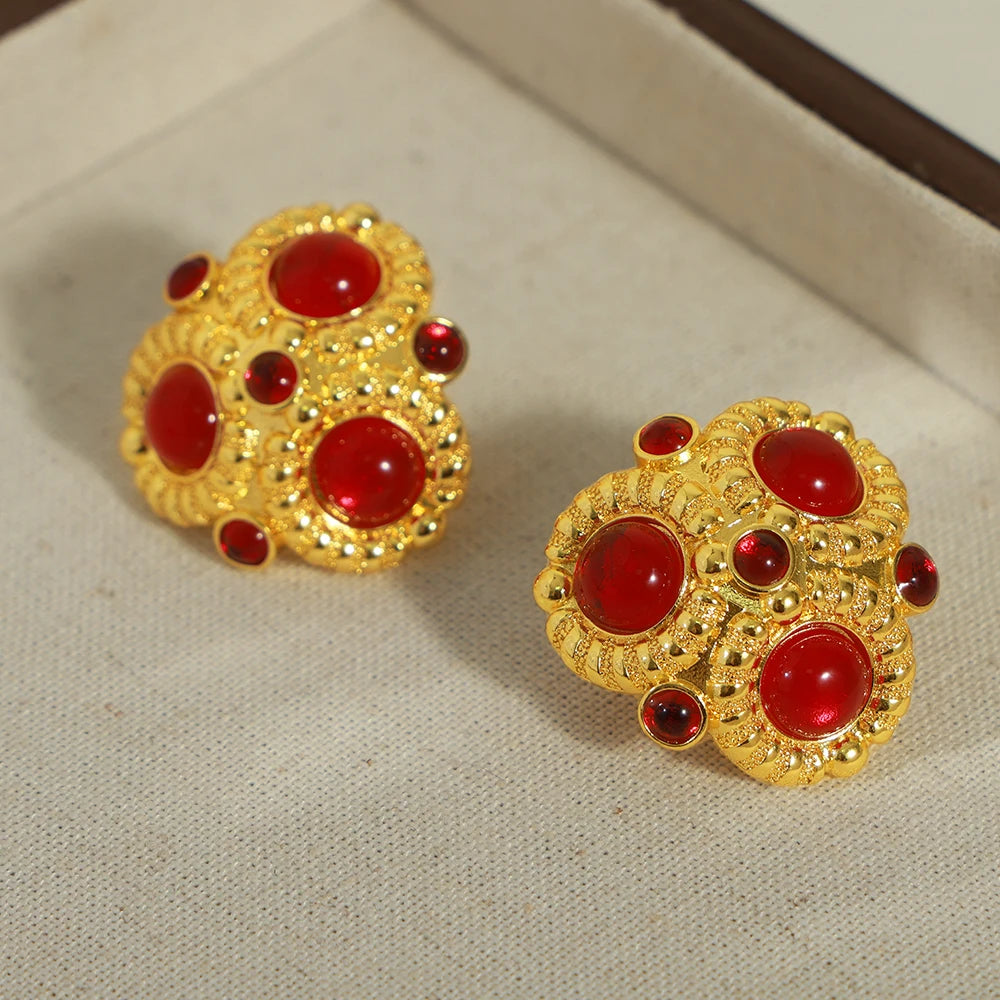 Luxury Gold Color Copper Stud Earrings For Women Red Agate Earrings Women Wedding Waterproof Jewelry Gifts