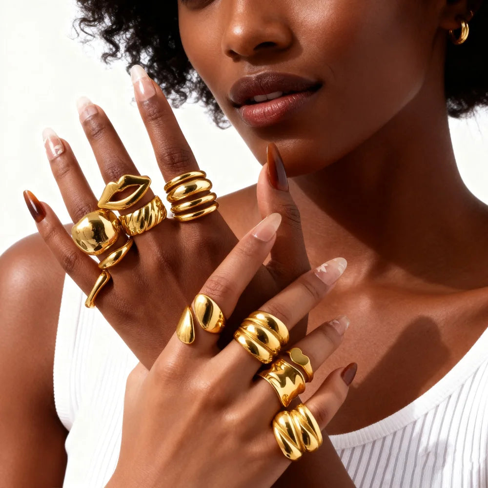 Waterproof Stainless Steel Chunky Dome Rings for Women, Geometric Ring Gold Plated Aesthetic Fashion Jewelry