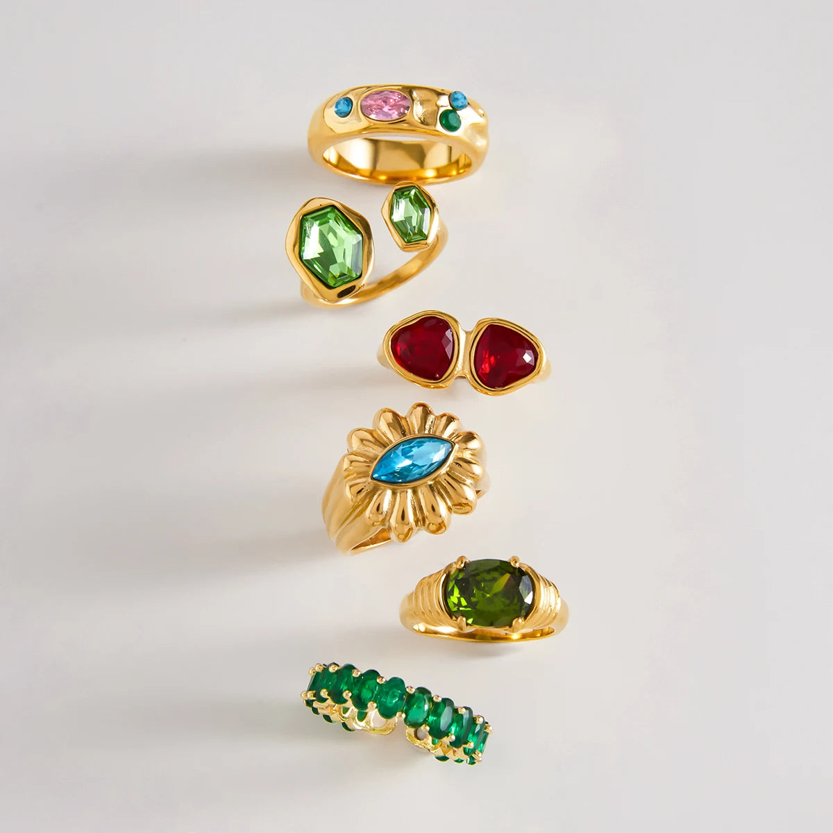 Uworld Fashion Y2k Blue Rhinestone Ring 18k Gold Color Plated Stainless Steel Stackable Asymmetric Ring Women's Jewelry Party Gi