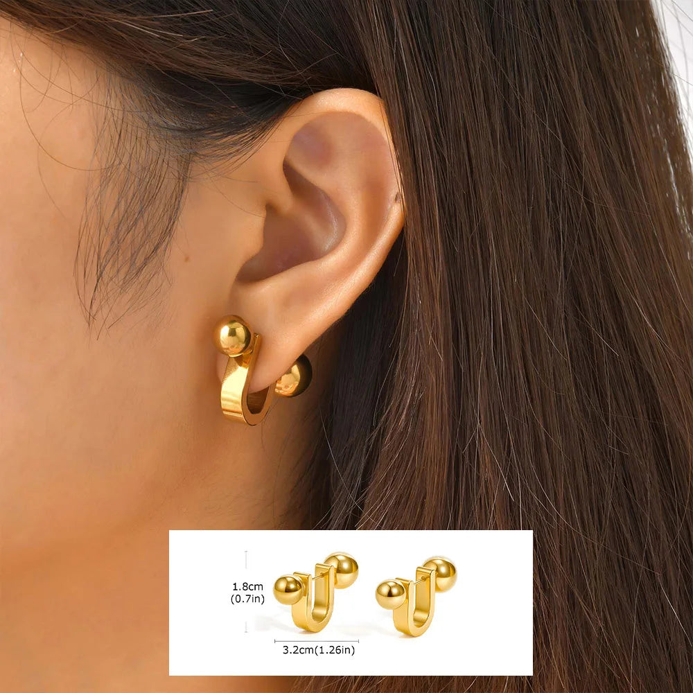 Unique U-Shape Hoop Earrings for Women, Stainless Steel Earring, Minimalist Statement Ball Piercing Ear Accessories