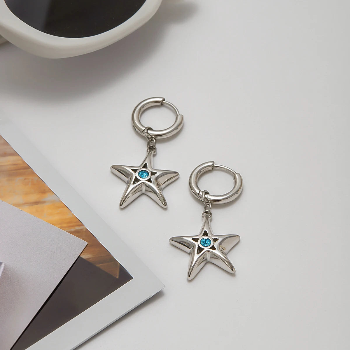 Uworld Fashion Trend Stainless Steel Blue Zircon Hollow Pentagram Pendant Earrings Women's Accessories Party Gifts