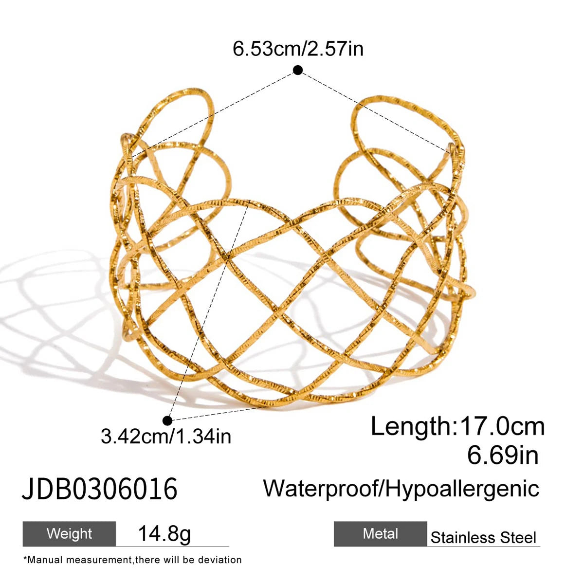 Uworld Minimalist 18K Gold Color Plated Stainless Steel Hammer Pattern Irregular Wide Face Bracelet Small Fish Line Multi Layer