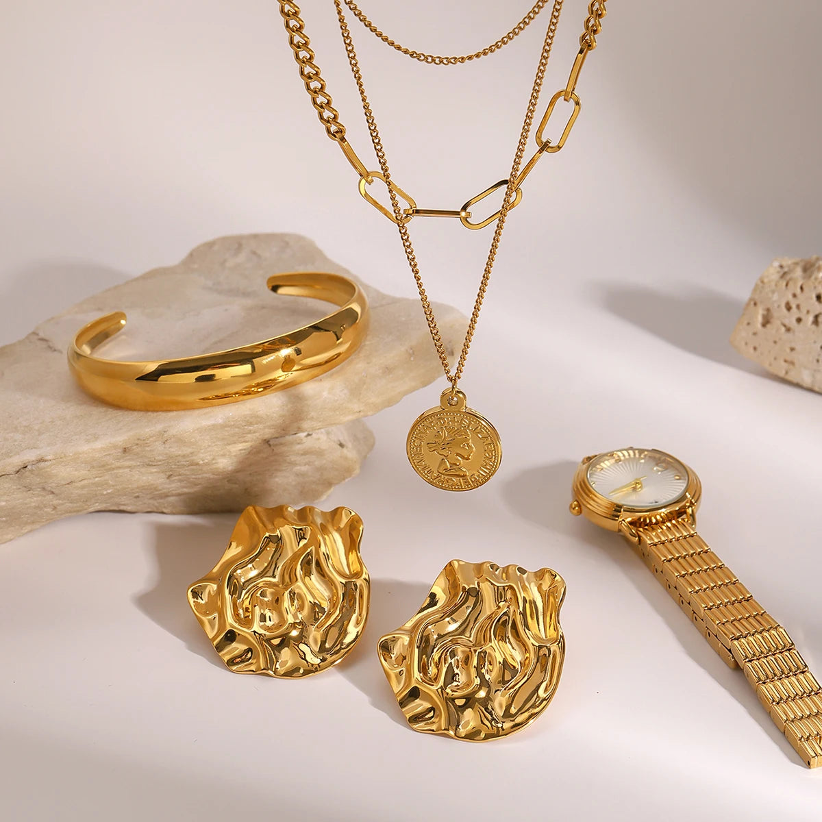 Uworld Fashion Stacked Necklace Watch Wrinkled Earrings Adjustable Bracelet Women's Jewelry Gift for Her