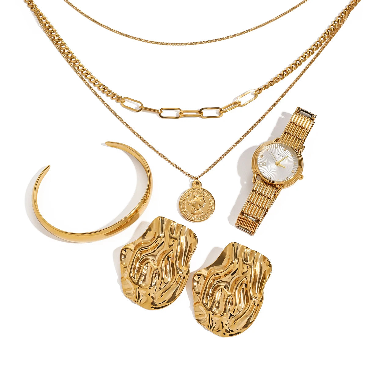 Uworld Fashion Stacked Necklace Watch Wrinkled Earrings Adjustable Bracelet Women's Jewelry Gift for Her