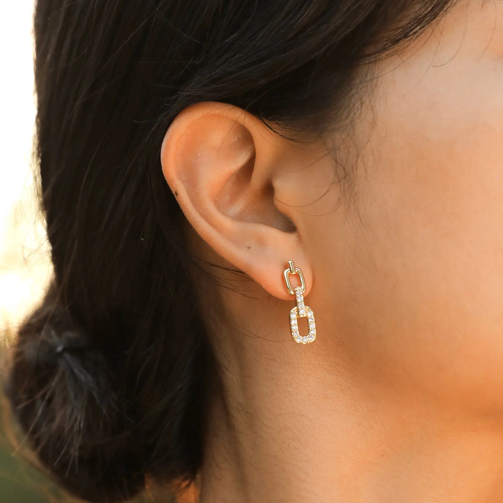 Dainty Bling Paperclip Chain Drop Earrings for Women Girls, Gold Plated Metal Rectangle Link Dangle AAA Cubic Zirconia Stone