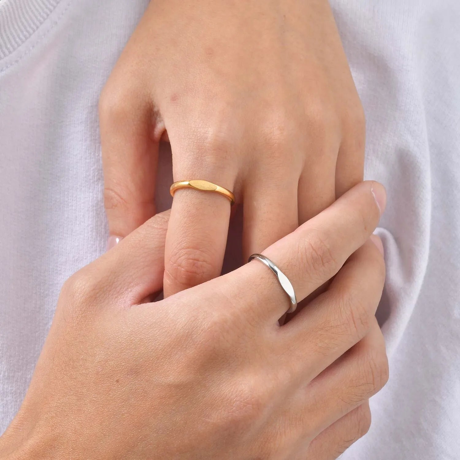 Geometry Slim Signet Rings for Women, Stainless Steel Finger Pinky Ring Gold Color, Wedding Band Party Gift
