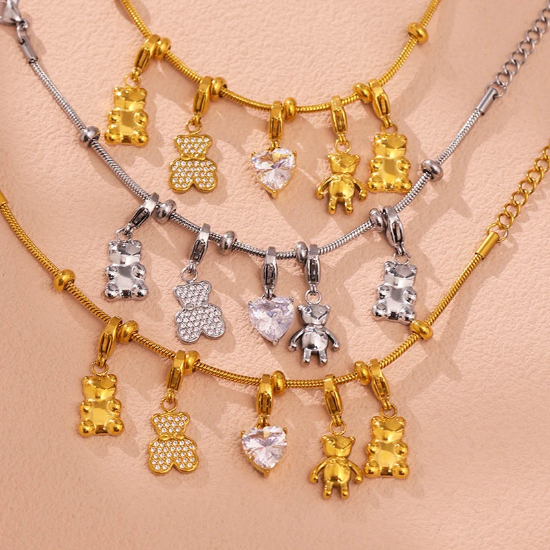 Nivora Cute Little Bear Pendant Heart Zircon Stainless Steel Snake Chian Bracelets For Women Gold Plated Charm Bracelet Jewelry