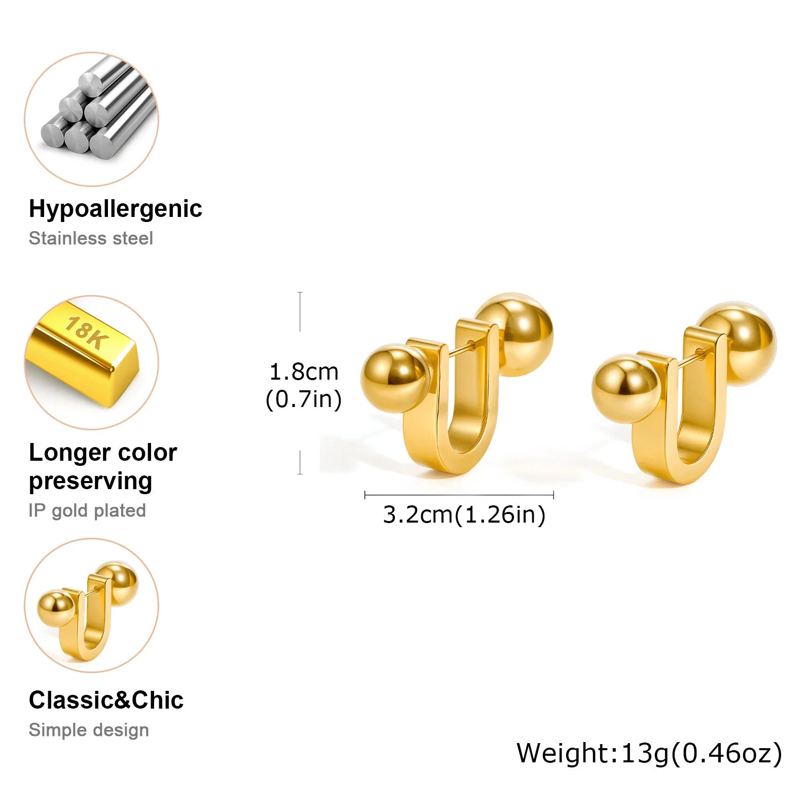 Unique U-Shape Hoop Earrings for Women, Stainless Steel Earring, Minimalist Statement Ball Piercing Ear Accessories