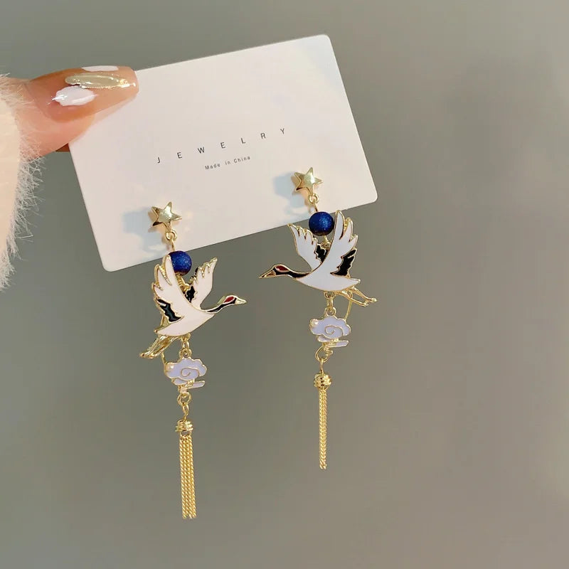 Chinese Style Cloud Crane Dangle Earrings For Women Asymmetric Long Tassel Cute Rabbit Flower Cartoon Earring Party Jewelry Gift