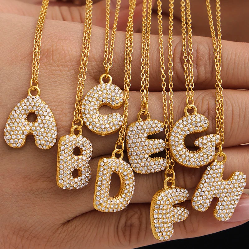 Nivora Stainless Steel 26 Alphabet Cubic Zircon Dumpy Pendant Necklace For Women PVD Gold Plated Link Chain Choker Jewelry