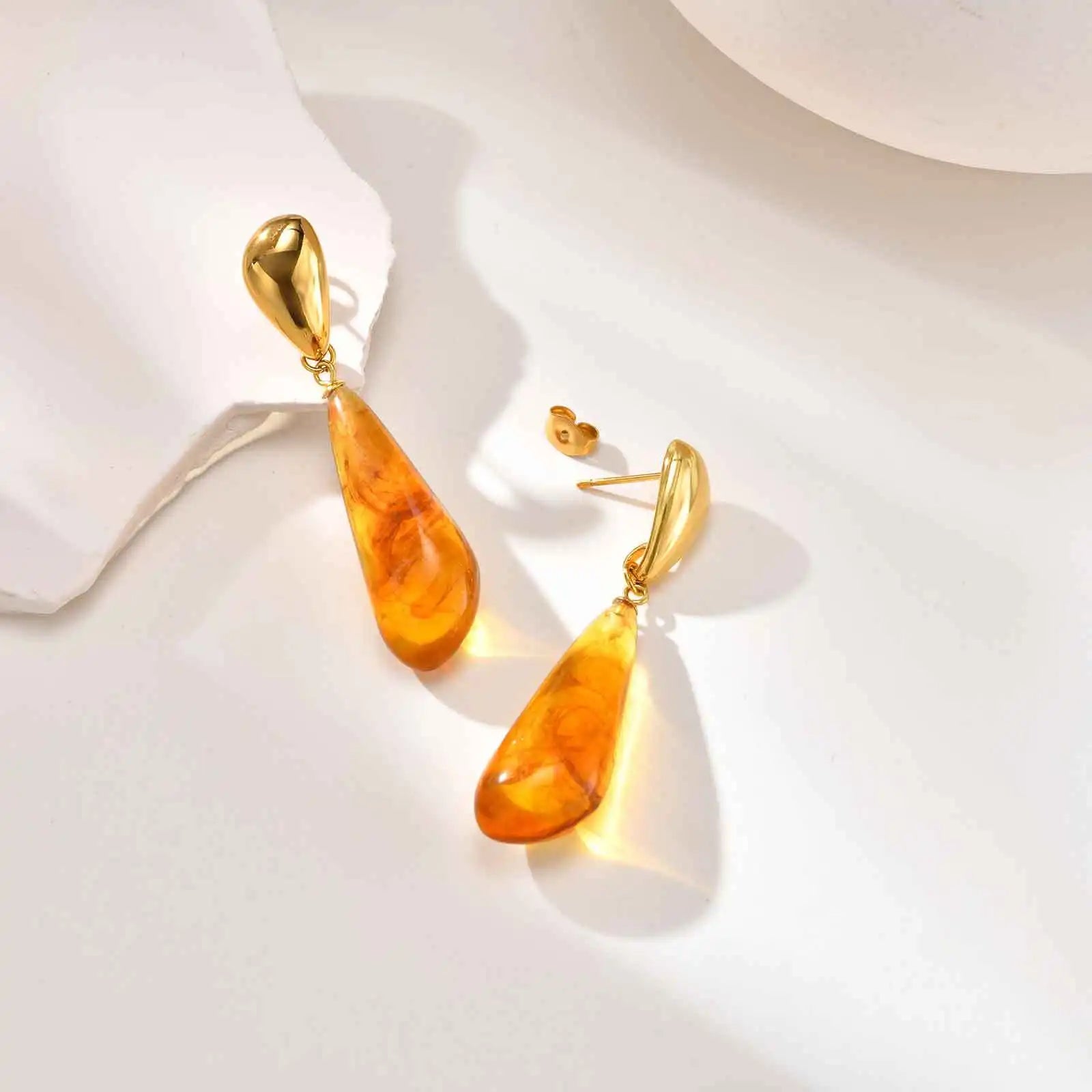 Water Drop Statement Earrings for Women, Resin Amber-colored Teardrop Dangle Earring