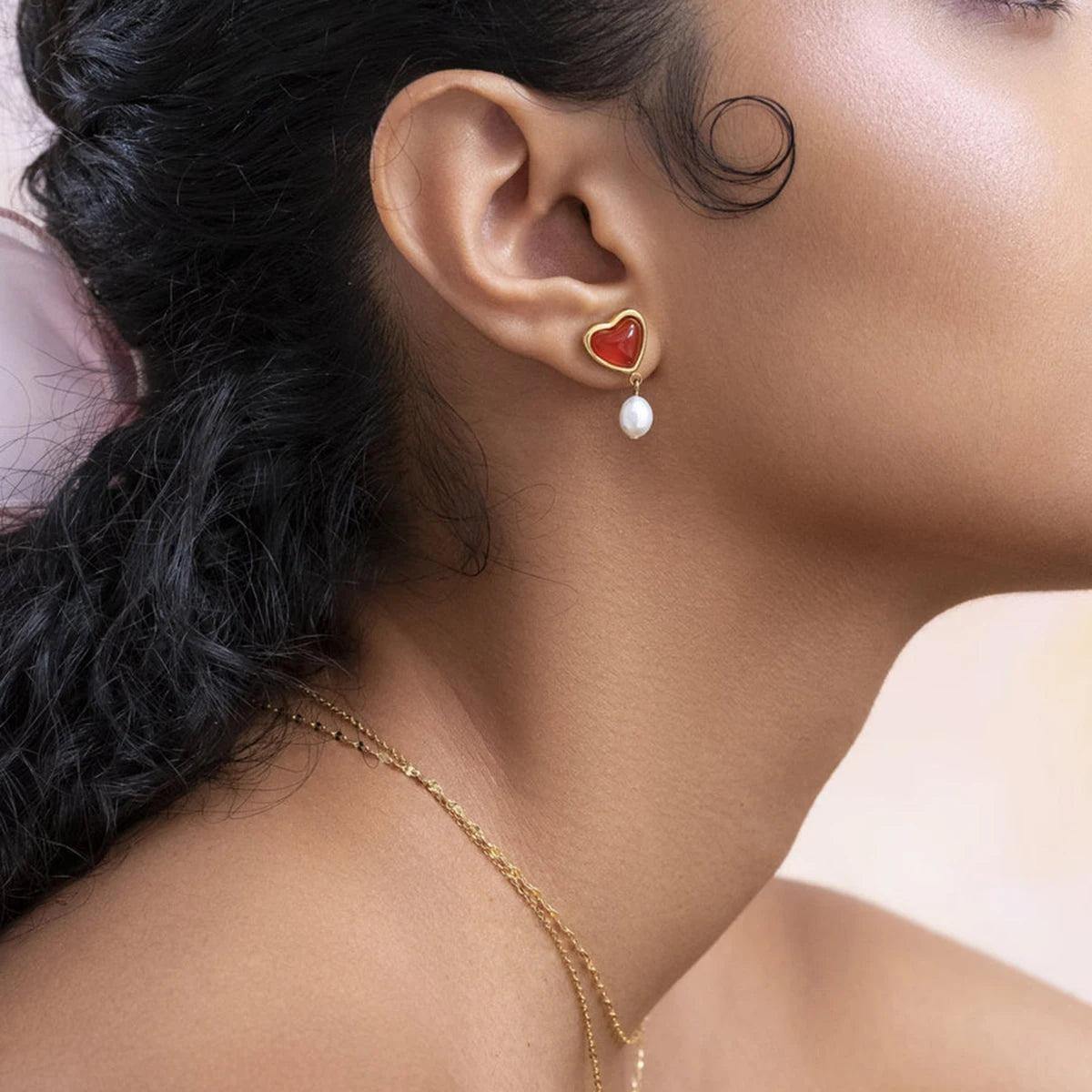 Uworld Carnelian Inlaid Love Natural Pearl Earrings Ring Stainless Steel Gold Color Trendy Fashion Jewelry Valentine's Day gift