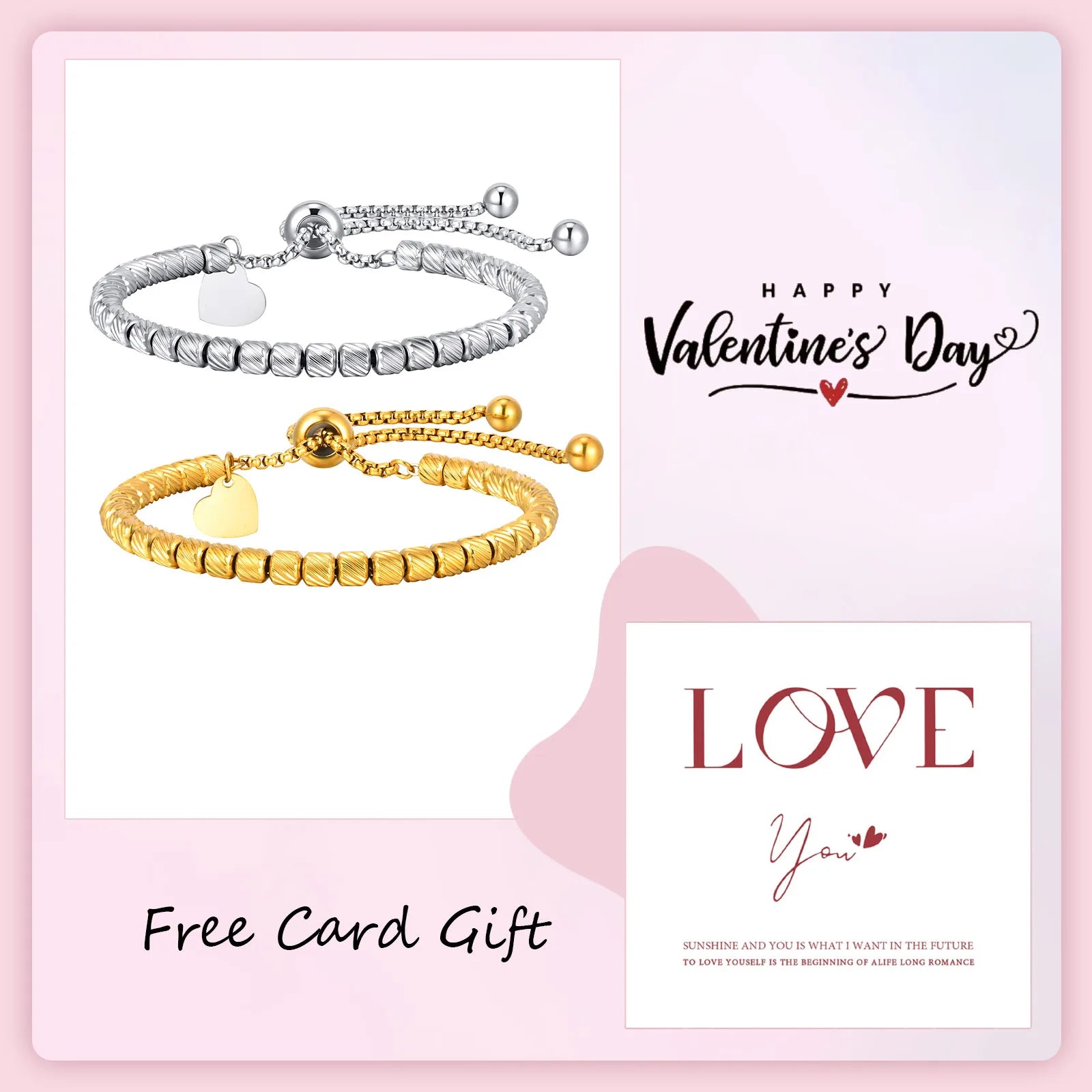 High Quality Beads Heart Charm Bracelets For Women Men Adjustable Stainless Steel Couple Jewelry Fashion Valentine's Day Gift