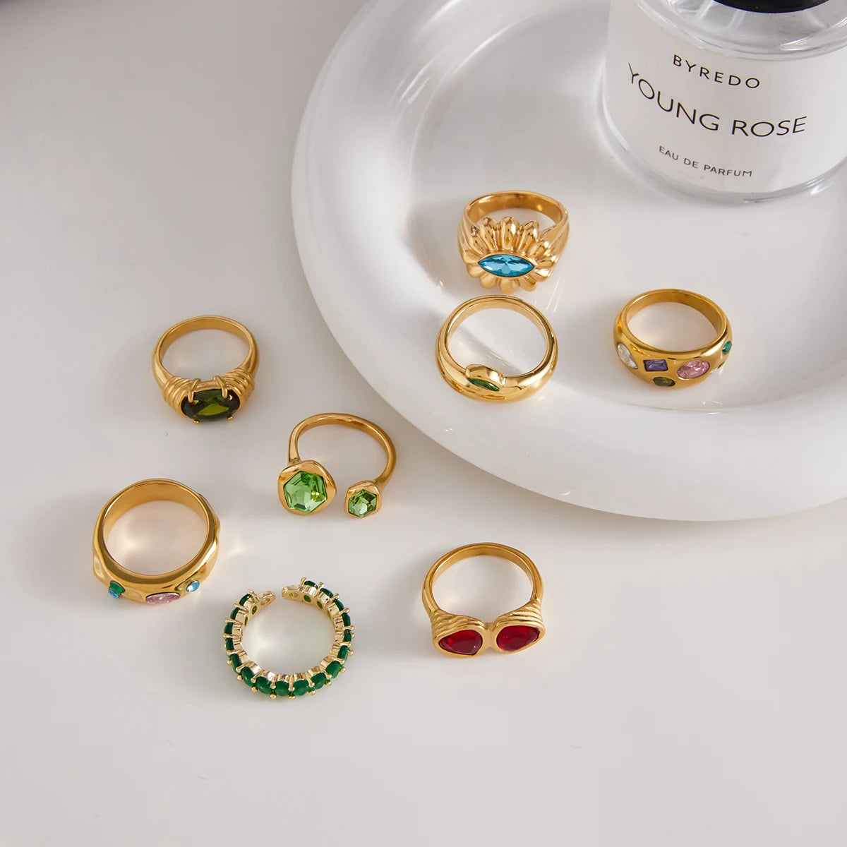 Uworld Fashion Y2k Blue Rhinestone Ring 18k Gold Color Plated Stainless Steel Stackable Asymmetric Ring Women's Jewelry Party Gi