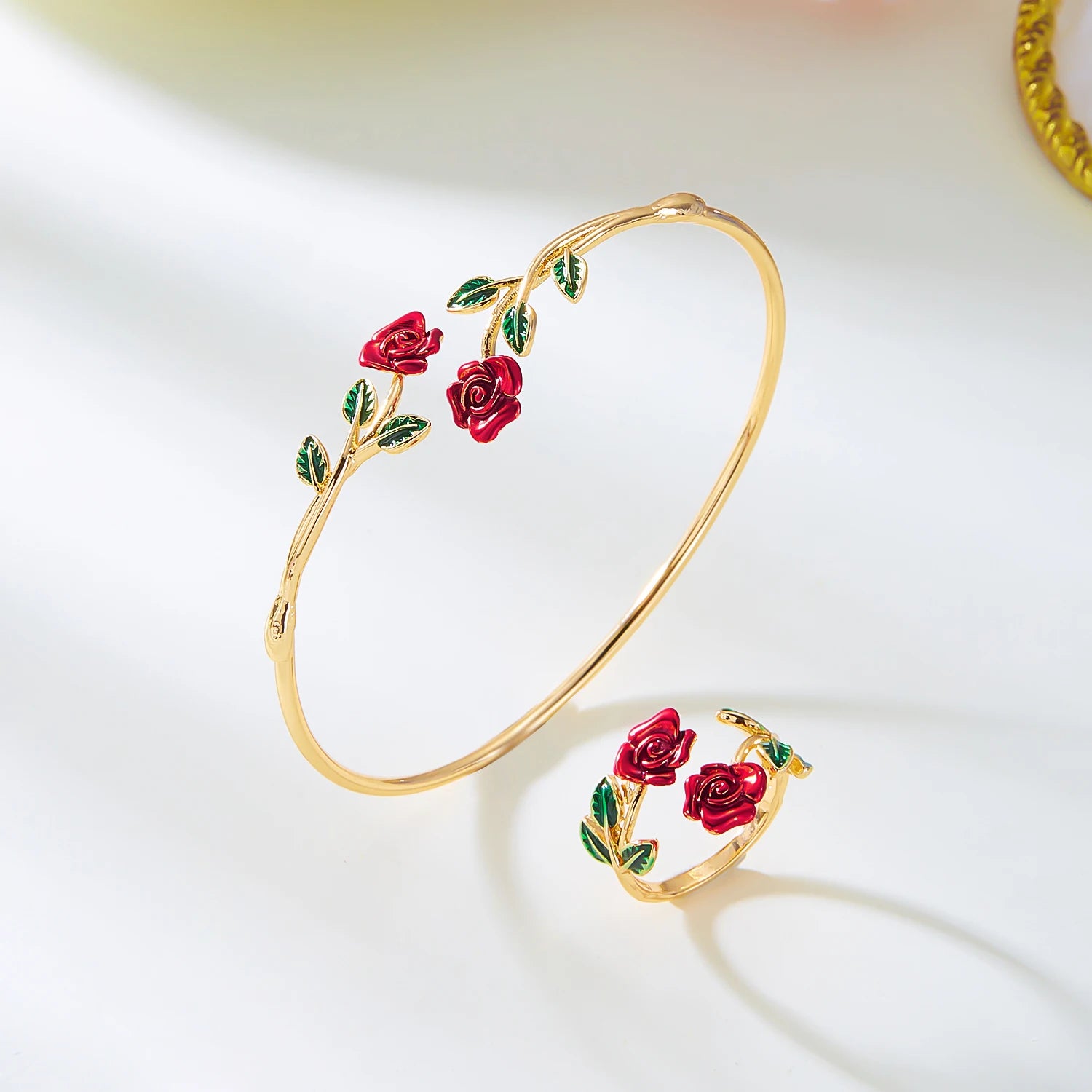 Retro Red Rose Flower Bracelet Ring Set For Women Vintage Drip Oil Open Adjustable Cuff Bangle Finger Ring Party Wedding Jewelry