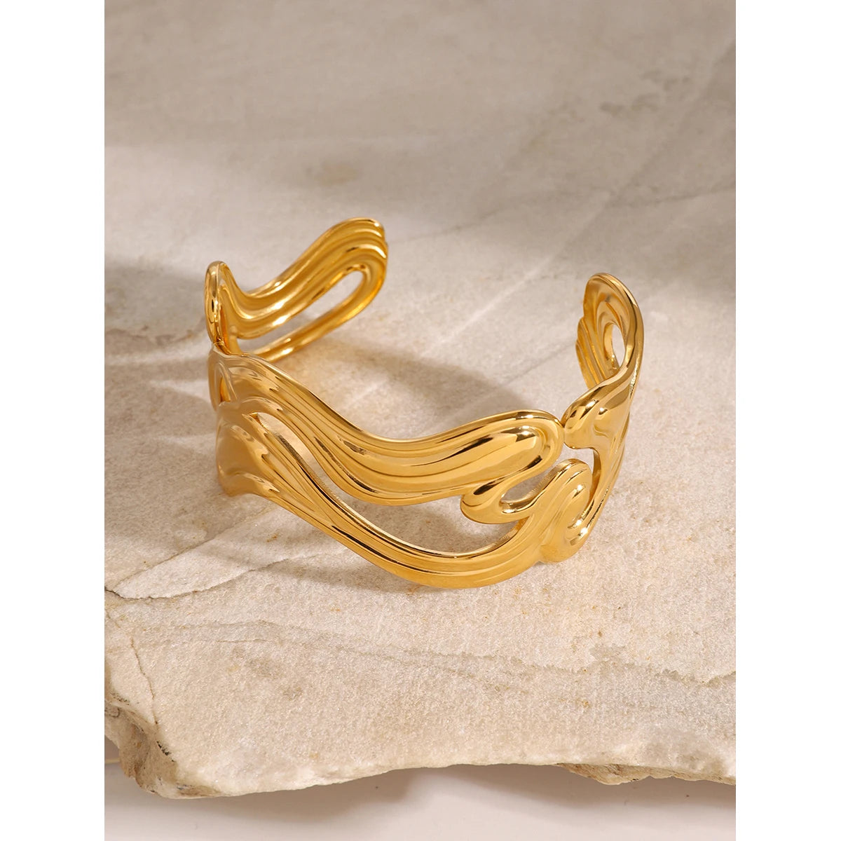 Uworld Waterproof 316l Stainless Steel Irregular Exaggerated Big Cuff Bracelet Bangle Stylish Unique Design Golden Charm